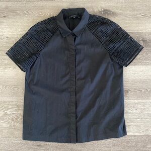 Lafayette 148 Black Button Down Short Sleeve Blouse Top, size 10